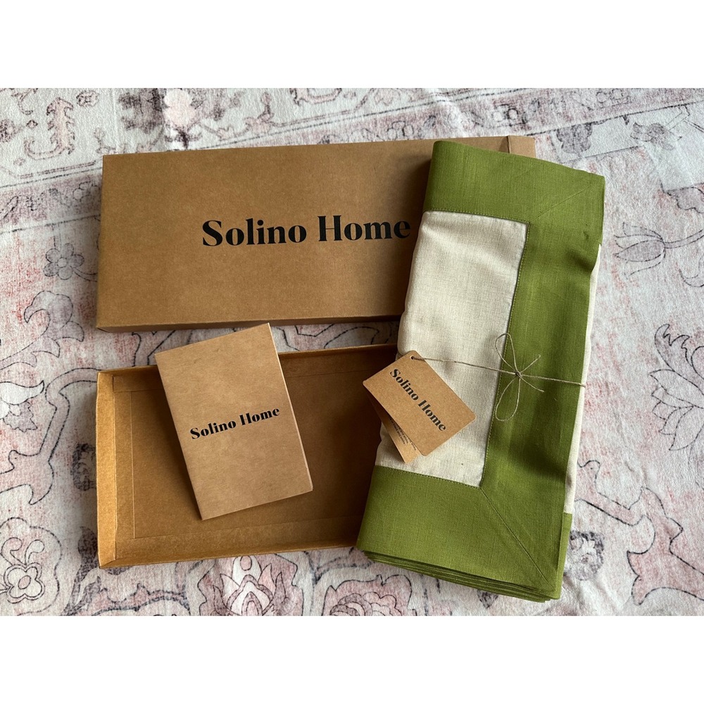 Solino Home Contempo 100% Linen Table Runner Sage Green Cream 14x120 NIB
